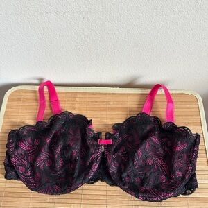 $48 Adore Me 44G Peek-A-Boo Bra Black Pink Underwire Lace Lingerie